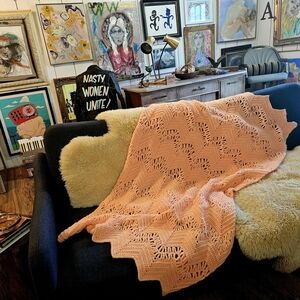 Vintage Soft Peach HANDMADE Crochet Throw Blanket Cozy Home Accent